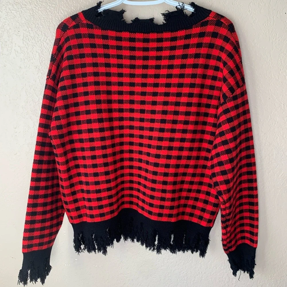 Beauts & Beaus Red Black Plaid Distressed V-Neck Boho Grunge Sweater Size L